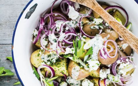 Experimente esta salada de batata rústica com cebola-roxa