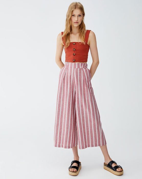 calças culottes pinças riscas Pull & Bear