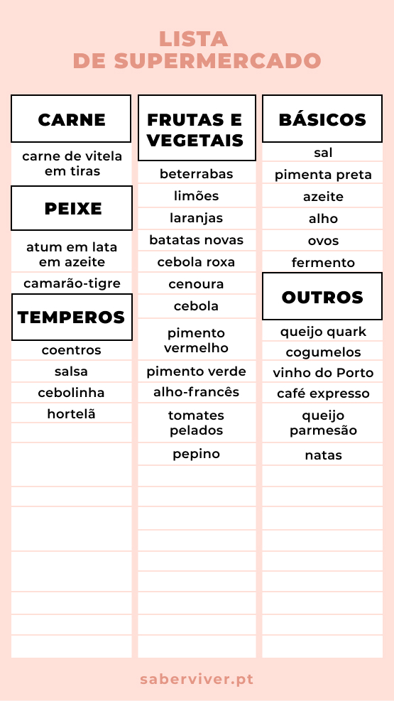 lista do supermercado para a ementa da semana