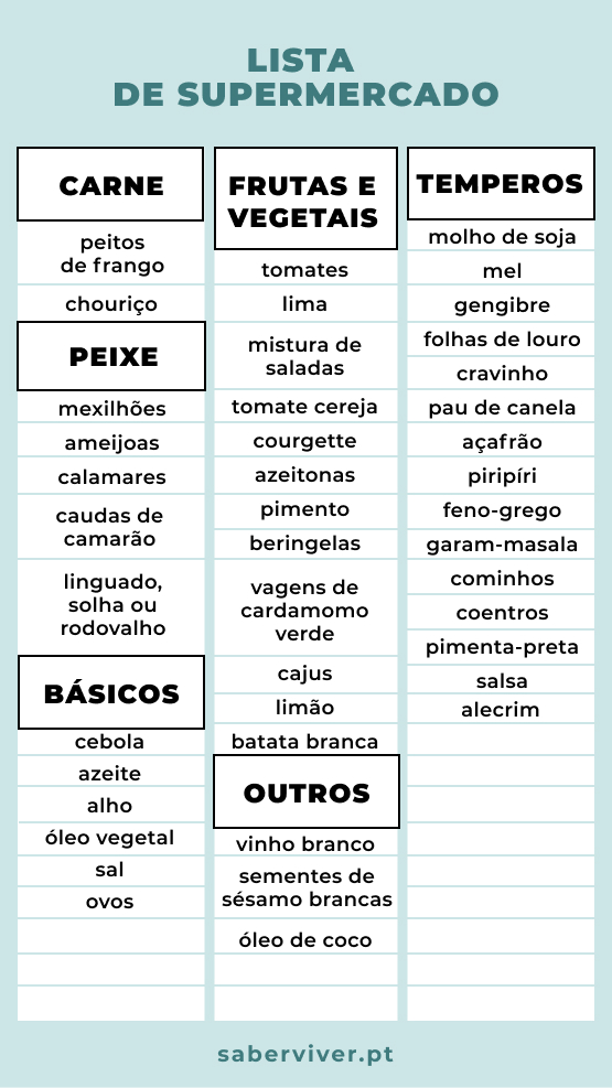 lista de ingredientes para a ementa da semana