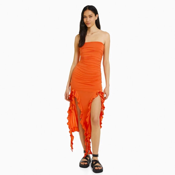 Vestido comprido com folhos