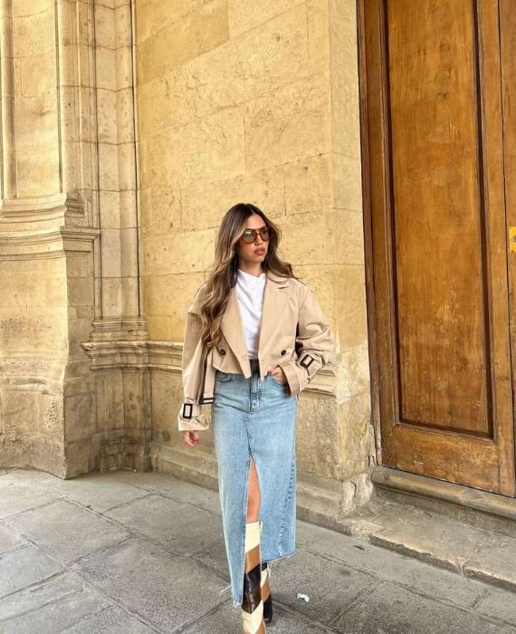gabardina curta ideia de looks saia de ganga botas cowboy