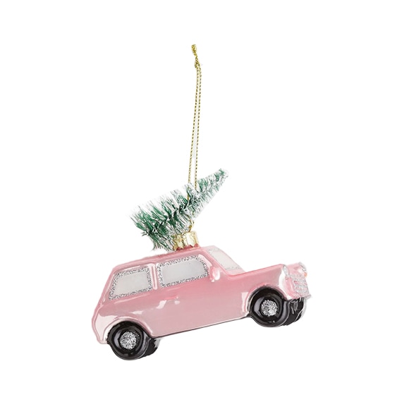 enfeites de Natal carro rosa com árvore