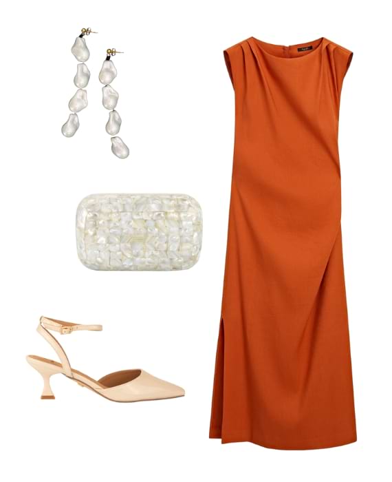 dress code casamento vestido laranja brincos pérolas sapatos nude look