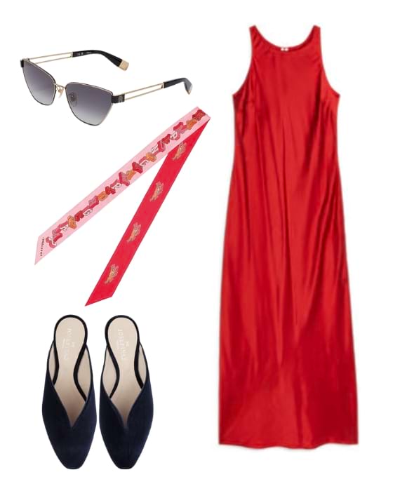 dress code casamento vestido vermelho comprido óculos de sol look
