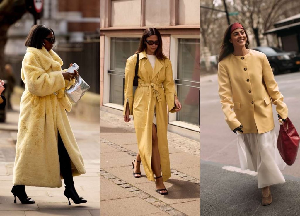mulher street style casaco butter yellow