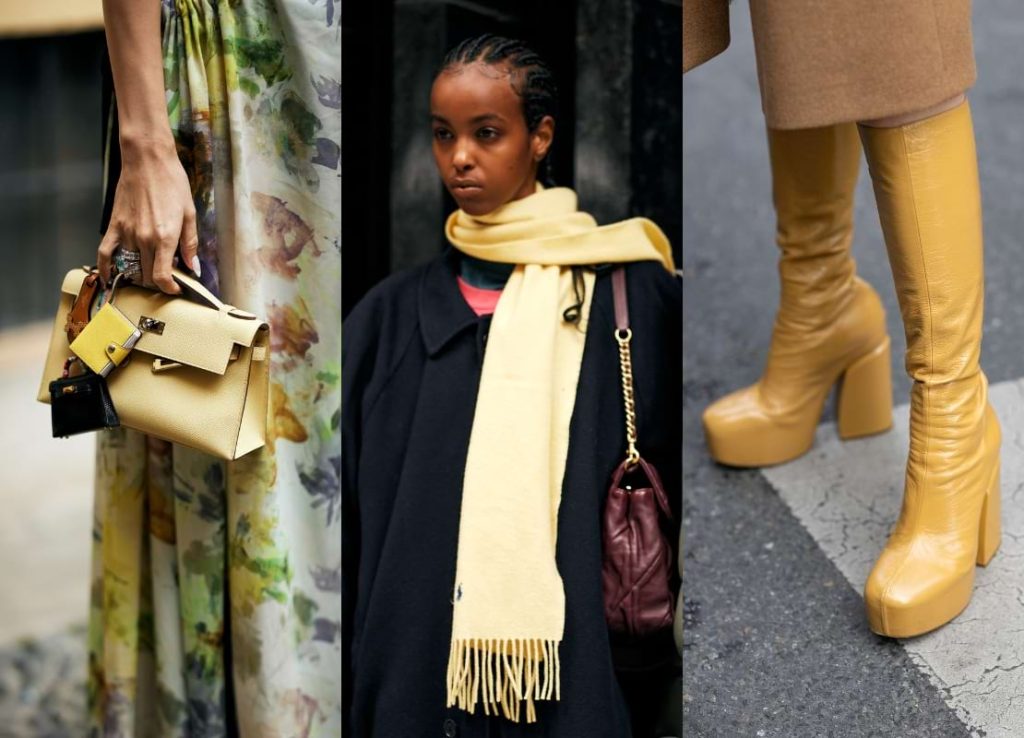 botas, carteira, cachecol butter yellow