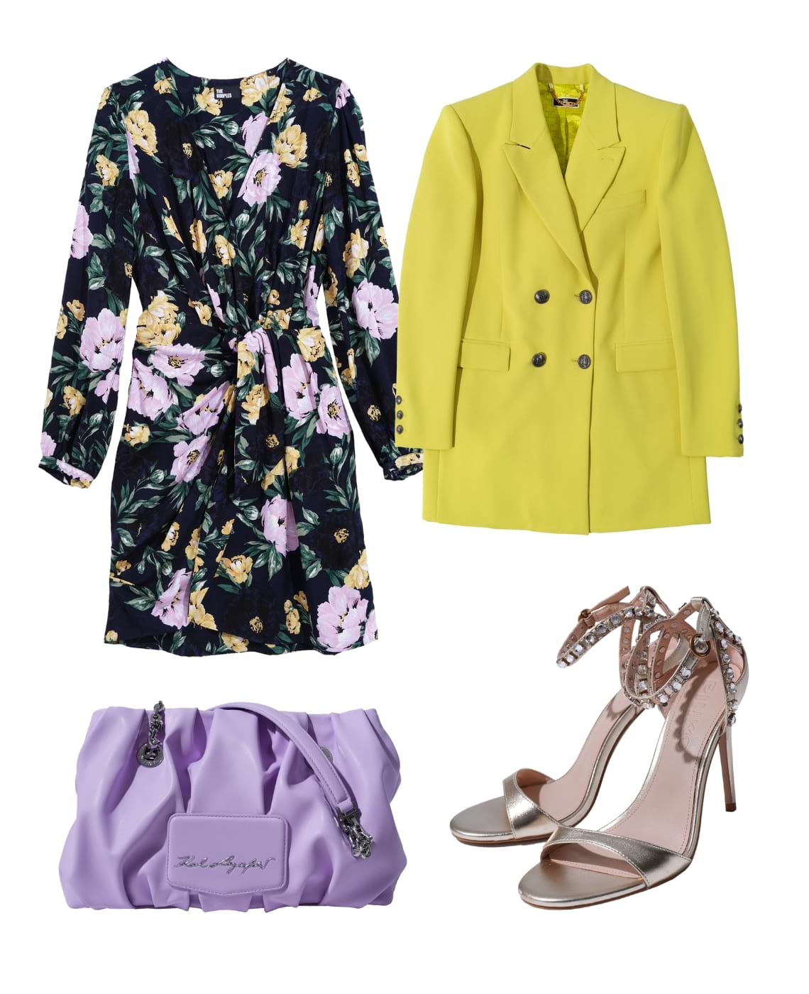 vestido preto curto com flores, blazer verde, carteira lilas, sapatos dourados