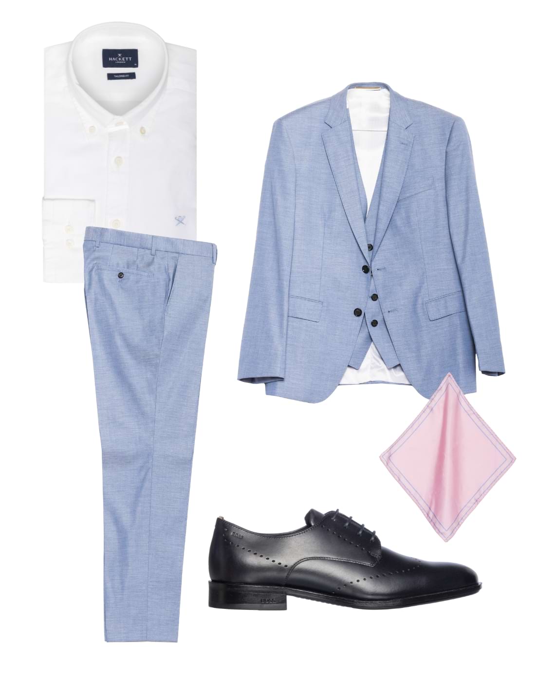 fato linho azul, camisa branca, sapatos pretos, lenco rosa