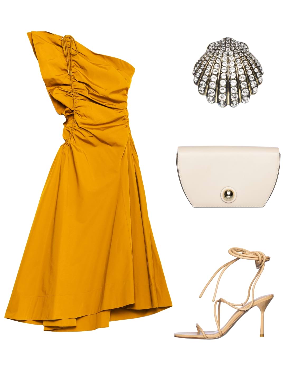 vestido laranja, pregadeira, sandalia creme