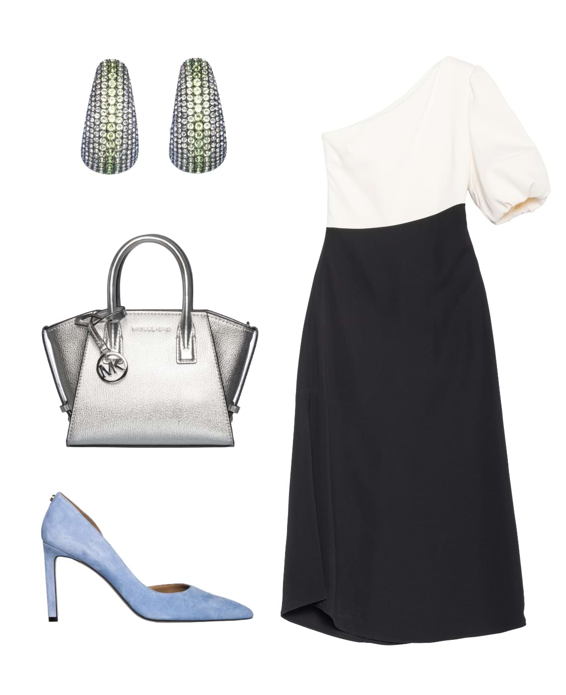 vestido branco e preto one shoulder, sapatos azuis, carteira prateada, brincos brilhantes