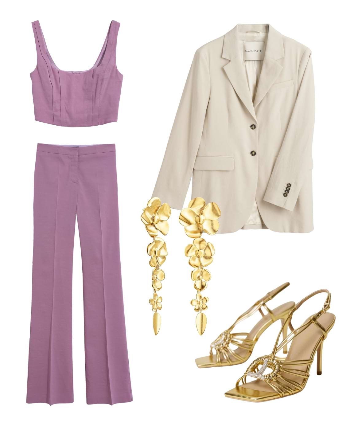 conjunto lilas calcas e top, sandalias douradas, brincos dourados compridos, blazer bege
