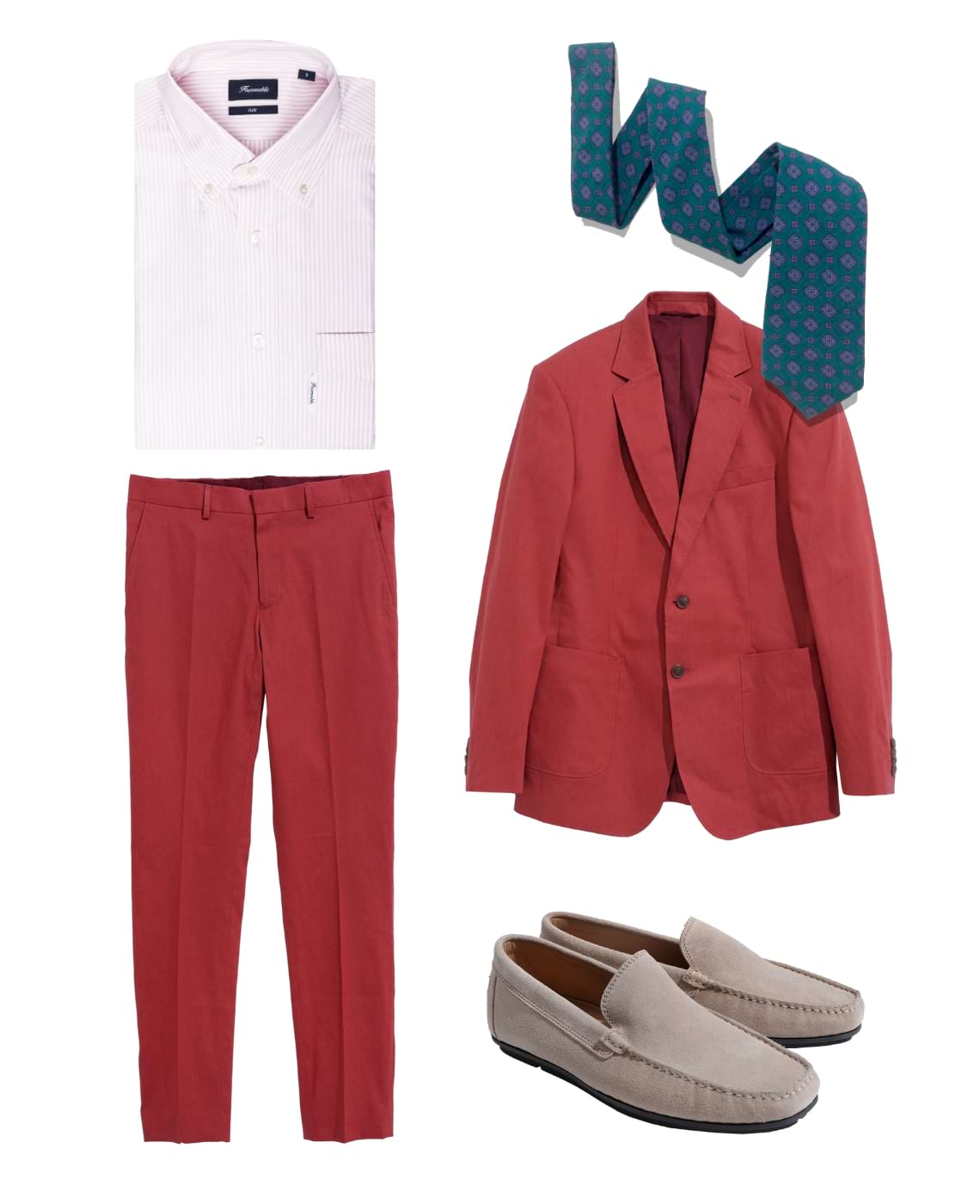 fato vermelho, camisa branca e rosa, gravata azul e sapatos bege