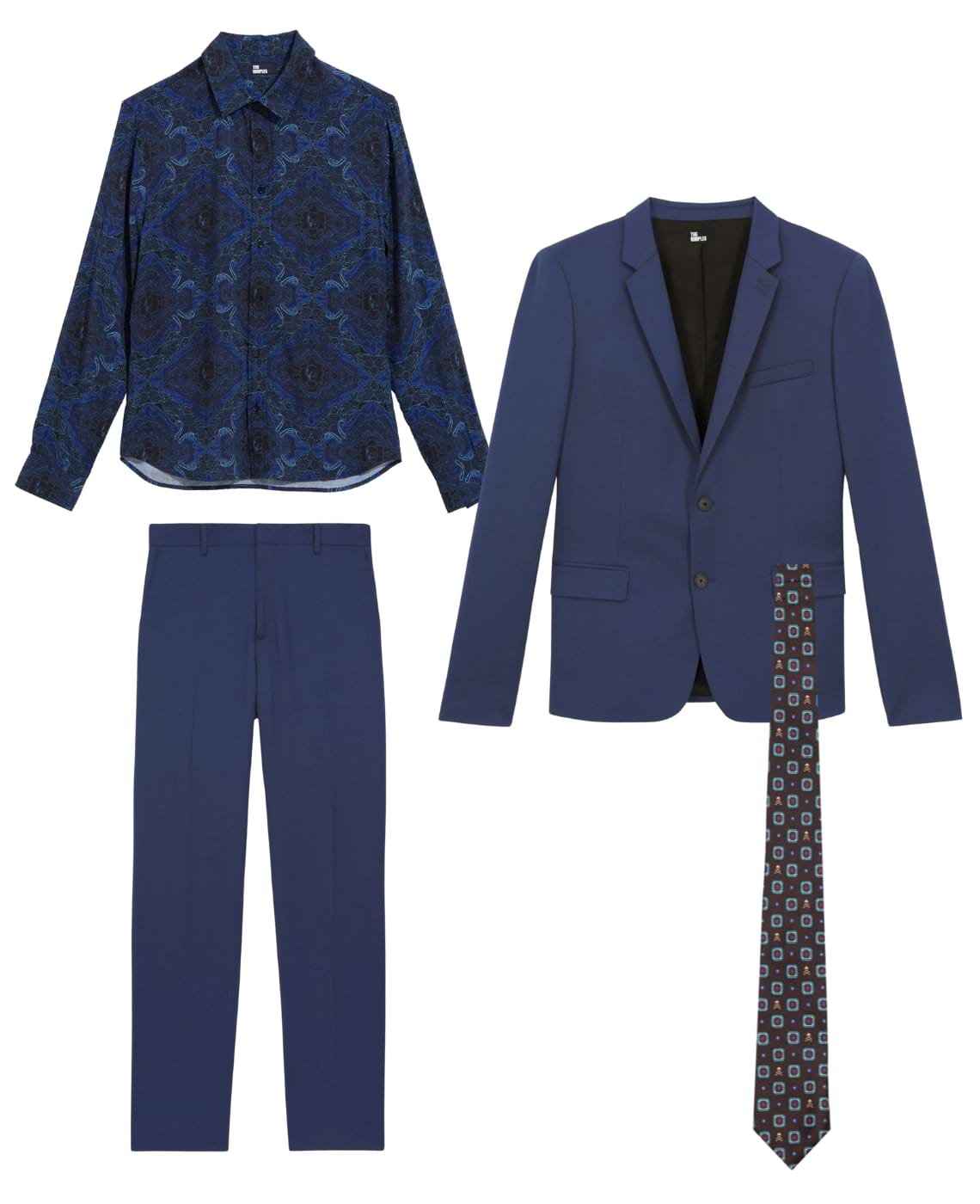 fato azul, camisa azul com padrao, gravata castanha e azul com padrão