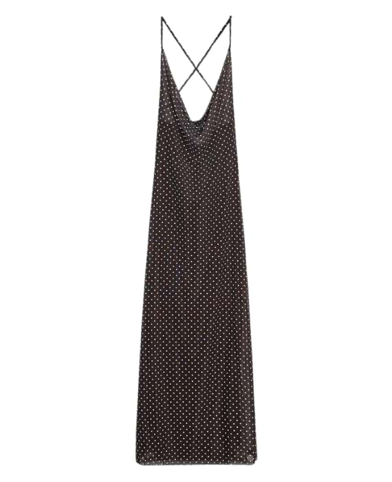 vestido comprido preto bolinhas brancas